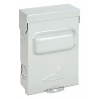 Fusible disconnect switch rated 30 A, single phase, 240V AC. Galvanized steel enclosure. Pull-out operation for visible disconnection. Used for isolating power to air conditioning units and other HVAC equipment