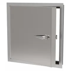 This exterior latching access door is constructed from 24 ga steel with a piano hinge and exposed flange, finished in mill gray. Designed for wall mounting, it provides secure access to mechanical, electrical, or plumbing equipment in industrial and commercial buildings.