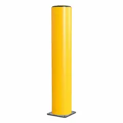 This round polymer bollard is designed for perimeter protection and traffic management. It features a yellow finish for high visibility, a removable cap, and includes mounting fixings and hardware for bolt-on installation.