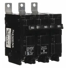 The SIEMENS B380H is a three-pole bolt-on miniature circuit breaker rated for 80 A at 240V AC, three-phase. It has a maximum AIR rating of 22kA at 240V AC and is part of the BL Series. This unit provides overcurrent protection in electrical distribution systems and is designed for use with Siemens P1 panelboards.