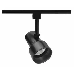Incandescent step track lighting head rated at 50 W. Features a black housing with a black baffle to reduce glare. Measures 3 1/2 inches in diameter and 5 1/8 inches in length. Suitable for accent or directional lighting in commercial and residential spaces.