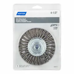 This steel stringer bead brush is designed for weld cleaning on carbon steel. It removes slag, spatter, and oxidation from weld joints and stringer beads, preparing surfaces for inspection or further welding. Specifications: 4 1/2" diameter, 13/16" width, 5/8"-11 arbor.