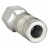 Steel quick-connect coupling body for compressed air systems. Features a 3/8"-18 thread size and 3/8" female hose fitting. Sleeve locking type enables one-hand connection and disconnection. Suitable for connecting pneumatic tools and hoses in industrial settings