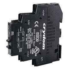 DIN-rail mounted solid state relay with integral heat sink and SCR output. Switches AC loads from 48 to 600 VAC. Suitable for industrial automation, HVAC, and process control applications requiring silent, fast switching without mechanical contacts.