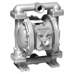 Air-operated double diaphragm pump with 316 stainless steel housing. 1 in NPT connections, 45 gpm capacity. Wetted parts include PTFE seats, PTFE check valves, and PTFE diaphragms with Santoprene backing. Suitable for fluid transfer in industrial environments.