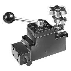 Manual lever-operated directional control valve with four positions and 3/8" NPT ports. Includes load-holding function and tank position. Used in hydraulic systems for directing fluid flow in applications such as presses, jacks, and workholding systems.