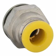 Nickel-plated brass push-to-connect adapter fitting with BSPP thread. Connects 6 mm OD tubing to 1/8 in BSPP ports. Silver finish. Used in pneumatic or fluid systems for tool-free assembly.