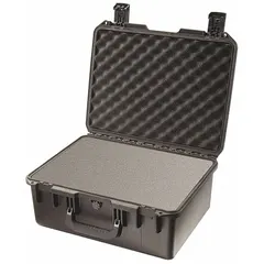 Black impact-resistant case with interior dimensions 13 in x 18 in x 8 3/8 in. Features a padlock hasp closure and includes convoluted, pick and pluck, and solid foam layers for customizable protection. Suitable for transporting and storing sensitive equipment in industrial and field-service environments.