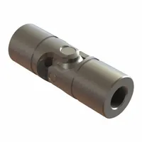 Alloy steel universal joint for round shafts, type 750, assembled. Bore diameter 3/8 in, overall length 2 11/16 in. Used in power transmission systems to connect misaligned rotating shafts, such as in conveyors and packaging machinery