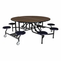 This bi-fold cafeteria table features a stool seat design with an overall height of 29 inches and length of 79 inches. The tabletop is constructed from industrial-grade high-pressure laminate over a particleboard core. Suitable for dining areas in institutional settings such as schools and cafeterias