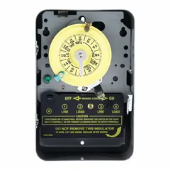 The INTERMATIC T104-20 is a 24-hour electromechanical timer switch with a DPST configuration, operating on 208-277V AC. It features a metal body and surface-mount design for indoor use. Suitable for scheduling lighting, HVAC, and motor control applications in commercial and industrial settings.