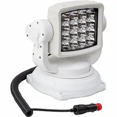 This vehicle remote-controlled spotlight features a white housing and an LED spot beam. It is permanently installed and operated via a handheld remote controller. The auxiliary power connector provides electrical connection. Typical applications include search-and-rescue, utility, and off-road use where directional lighting is required.