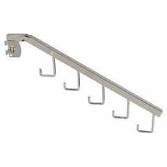 This heavy-duty steel hook waterfall is designed for use with single slotted standards in slotted-standard shelving systems. It features a chrome finish, 1 in slot spacing, and 1/2 in slot length, and includes a hook for displaying hanging merchandise. Dimensions: 1 in x 12 in x 3 in.