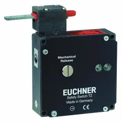 Key-actuated safety-interlock switch from the TZ series. Features a hinge-type actuating key, left key hole location, and MR10 terminal connection type. Used to monitor the position of movable guards on industrial machinery, preventing operation when the guard is open.