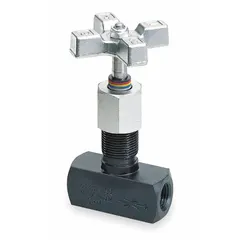 Manual two-way precision needle flow control valve with rotary knob actuator. Steel body with 1/8 in NPT ports. Maximum operating pressure 5000 psi. Used in hydraulic and pneumatic systems for precise flow regulation.