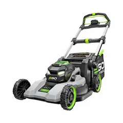 Self-propelled walk-behind mower with 22-inch cutting width and composite deck. Offers bagging, mulching, and rear discharge. Single-point cutting height adjustment and variable speed settings. Runs 75 minutes on EGO POWER+ battery platform; battery included. Sound level greater than 65 dB.
