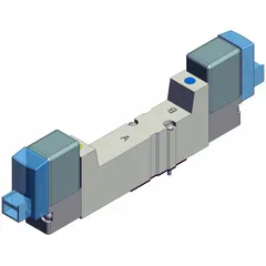 Five-way, closed center position, single solenoid directional control valve from the SYJ3000 series. Operates on 24V DC with a plug-in connection. Die cast zinc body. Used in pneumatic systems to control airflow to actuators and cylinders in industrial automation and material handling.