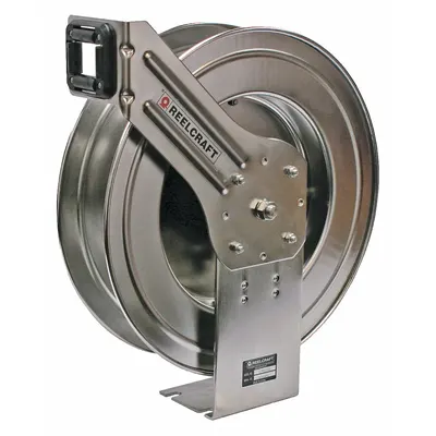 REELCRAFT Spring Return Hose Reel: 70 ft (3/8 in I.D.), 300 psi Max Op Pressure, Brass - Corrosion-Resistant Stainless Steel Washdown Spring-Return Hose Reels