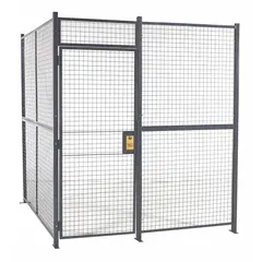 Complete wire security cage with woven-wire panels on four sides, finished in gray enamel. Measures 12 ft wide by 12 ft deep by 8 ft high. Includes a keyed different cylinder lock; does not include ceiling panel or floor. Designed for out-swing door operation. Suitable for securing inventory, tools, or equipment in industrial and warehouse environments.
