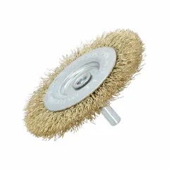 This light-cleaning brush features a crimped steel fill designed for surface preparation on carbon steel. It is used to remove rust, scale, and light burrs without damaging the base material. The brush has a 3-inch diameter, 0.012-inch fill, and a 1/4-inch shank for compatibility with standard rotary tools.