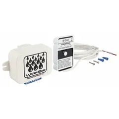 Hardwired water detector and alarm operating on 12 to 24V AC/DC. Features Form C relays for connection and flange mounting. Alarm unit: 1.2 in L x 4.1 in W x 2.4 in H; sensor unit: 2 in W x 0.88 in D x 3 in H. Maximum operating temperature 140°F. Used for detecting water leaks in areas where early warning is needed.