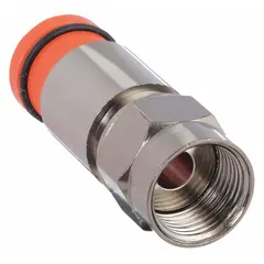 Male F-Type connector for terminating RG-59 coaxial cable. Features a nickel-plated finish and black color. Compression-style connection provides secure attachment. Rated for frequencies up to 1 GHz. Pack of 50 connectors.