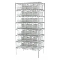 Steel-framed single-sided shelving unit with 28 clear polymer open-front bins. Each bin measures 7" x 19-7/8" x 23-7/8". Designed for organized storage of industrial components, parts, and small tools in warehouses, manufacturing facilities, and maintenance shops.