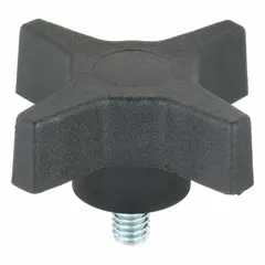 This 4-arm knob features a 2.46 in diameter plastic body with a steel threaded stud. The 5/16"-18 thread size allows for manual adjustment, clamping, and positioning on machinery, jigs, and fixtures.