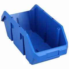 Blue plastic bin measuring 8-3/8 x 18-1/2 x 7 inches. Cross-stacking design allows stable vertical stacking without lids. Includes a label holder for content identification. Not electrostatic discharge conductive; contains 0% recycled content.