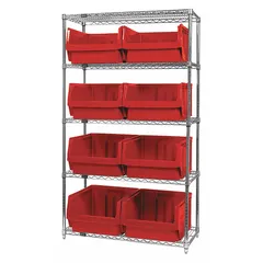 This wire stationary bin shelving unit includes eight red polypropylene open stacking bins, each 11-7/8 in x 18-3/8 in x 19-3/4 in. The silver steel frame is one-sided. Commonly used for organizing and storing small to medium parts in warehouses, distribution centers, and manufacturing facilities.