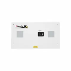 This manual, lockable countertop safety cabinet is designed for storing and charging batteries in industrial settings. It features two doors and one shelf, with a gray finish. The cabinet helps contain potential thermal events during charging. Dimensions: 43 in x 18 in x 24 in. Power cord not included.