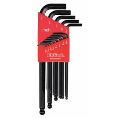 L-shaped hex key set with 13 pieces, SAE sizes, single ball end on long arm for angled access up to 25 degrees. Black oxide finish provides corrosion resistance. Suitable for tightening or loosening hex socket screws in confined spaces during maintenance and assembly tasks.