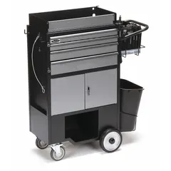 This heavy-duty utility cart features drawers and cabinets for organized tool storage, with a padlockable design for security. It includes cutting tools and measures 37 1/2 inches wide, 14 1/2 inches deep, and 45 inches high. Suitable for industrial environments requiring mobile and lockable tool storage.