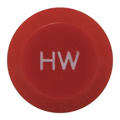 Plastic index button for laboratory faucet handles. Red color with 'HW' index text identifies hot water side. Used to mark hot handle type on lab faucets.