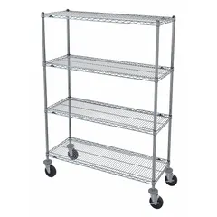 Mobile wire shelving unit for dry use with 4 silver shelves, chrome round steel posts, and two swivel casters with rubber wheels and donut bumpers. Suitable for organizing and transporting supplies in commercial or industrial storage areas.