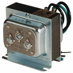 Open Class 2 transformer with 120V AC input and 24V AC output. Features foot mounting, wire lead primary connection, and screw terminal secondary connection. Used in low-voltage signaling, alarm, and control systems to power bells, buzzers, relays, and other Class 2 devices.
