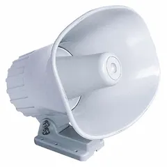 Passive horn speaker with 4 ohm impedance. Overall width 9 inches, overall height 7 inches. Suitable for industrial paging, public address, and marine communication applications.