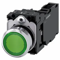 Momentary-action illuminated push button with a 22 mm flush profile. Non-metallic construction for corrosion resistance. Features 1 normally open and 1 normally closed contact. Suitable for control panel applications such as start/stop stations and signaling in industrial environments.