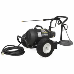 This cold water pressure washer is powered by a 6 hp motor and delivers 2,500 psi at 3.2 gpm. It features a direct pump drive and operates on 230 V three-phase power. Designed for industrial cleaning tasks such as removing dirt, grime, and grease from equipment and surfaces.