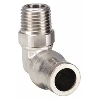 Nickel-plated brass elbow fitting with push-to-connect x male NPT connections. Accepts 3/8 in OD tubing and has a 1/4 in thread size. Suitable for pneumatic or fluid systems requiring a leak-free joint without tools