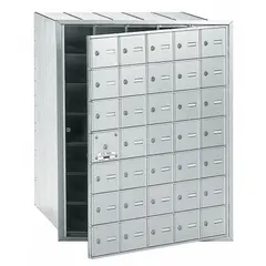 Horizontal multi-unit mailbox with 35 lockable front doors. Recessed mounting design. Dimensions: 40 3/4 in H x 35 3/4 in W x 16 1/2 in D. Suitable for centralized mail distribution in apartment buildings, condominiums, or commercial facilities.