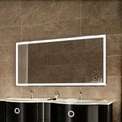Rectangular lighted vanity mirror with polished glass surface and side-mounted lighting. Overall dimensions: 60 in wide, 36 in high, 1 3/4 in depth. Suitable for grooming and ambient illumination in commercial or residential washrooms.