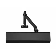 Grade 1 heavy duty door closer with adjustable spring size 6, non-hold open, for interior or exterior use. Suitable for parallel, standard, or top frame mounting. ADA compliant. Black finish.