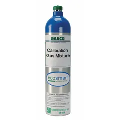 GASCO calibration gas mixture with 18% oxygen in nitrogen background, containing C5H12, CO, H2S, and O2. Accuracy ±5%. Used for verifying and adjusting portable gas detectors in industrial safety applications such as confined space entry and hazardous environment monitoring.