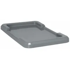 Gray plastic lid measuring 25 1/8 x 16 inches, designed for cross-stacking and nesting totes. Compatible with tote model TUB2516-8. FDA compliant for use in food-contact applications. Suitable for industrial storage and material handling.