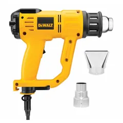 120V AC surface temperature control heat gun with LCD display and two-prong plug. Pistol-grip design for handling. Includes two nozzles. Used for paint stripping, thawing pipes, bending plastic, and shrink-wrapping in maintenance, construction, and automotive tasks.