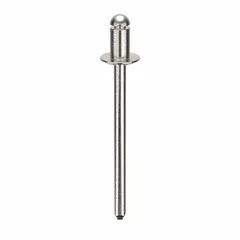 Open-end blind rivet with a domed head, 0.122" diameter, 1.284" length, 3/16" body length, and 1 9/32" overall length. Supplied in a 500-piece pack for inch-system applications. Used for fastening materials where only one side is accessible, such as in sheet metal assembly.