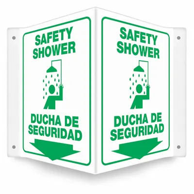 CONDOR Safety Sign: PETG, Mounting Holes Sign Mounting, 12 in x 14 in Nominal Sign Size - V-Shape Projection Safety Shower/Ducha De Seguridad Signs