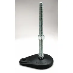 Male leveling mount with swiveling stud, 1/2"-13 thread, teardrop base (4 in – 5-7/16 in width), 3/4 in hex, 5,000 lb load capacity. Includes jam nut and mounting holes; elastomer thrust pad provides non-skid support. Used for leveling and stabilizing machinery, conveyors, and industrial equipment.