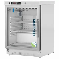 This undercounter pharmacy refrigerator provides 4.6 cu ft of storage for temperature-sensitive items. It maintains a range of 1°C to 10°C, features a white swing glass door with left-hand opening, and includes a temperature alarm. Uses R-600a refrigerant.